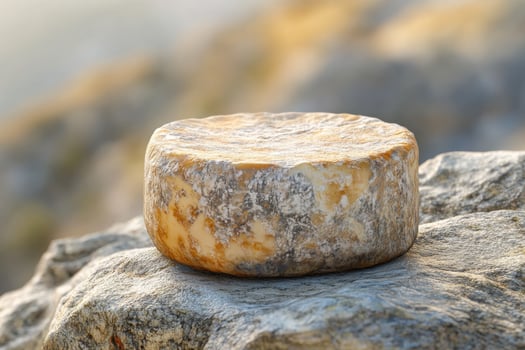 Goat cheese resting on a rocky surface in natural setting photo