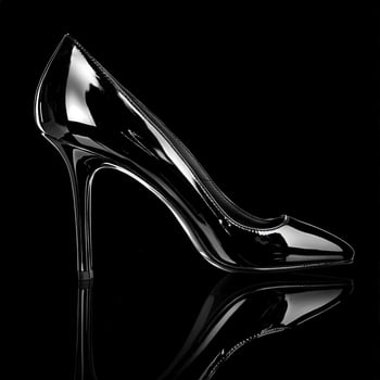 A black and white photo of a high heel shoe