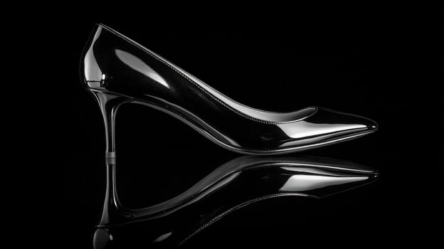 A black high heel shoe with a reflection photo