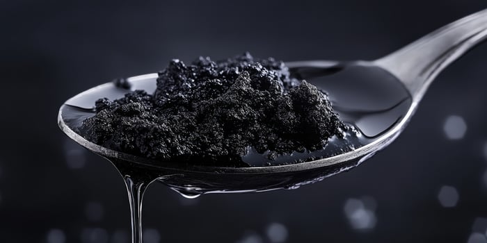 Black charcoal powder on a spoon photo