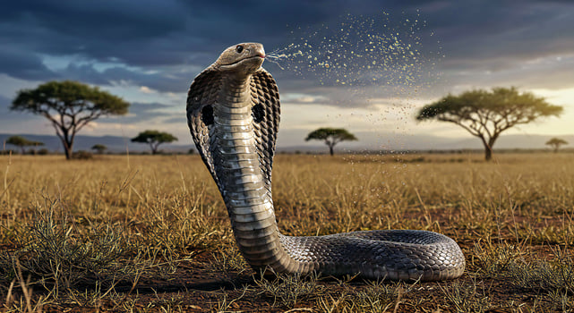 A cobra is standing in the middle of a field photo