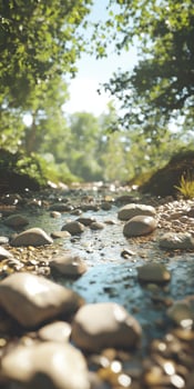 Clear river water flows between stones under sunlight photo