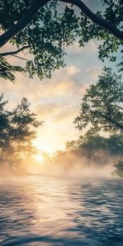 Calm river water reflecting the sunrise through misty trees photo