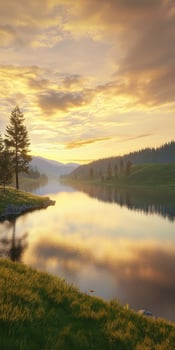 Tranquil river landscape at sunrise with vibrant reflections photo
