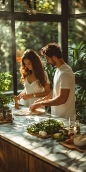 Couple cooking together in a sunlit kitchen with fresh ingredients photo