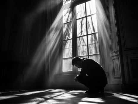 Despair captured in a dim room with rays of light streaming in photo