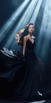 Elegant woman in flowing black dress with dramatic lighting photo