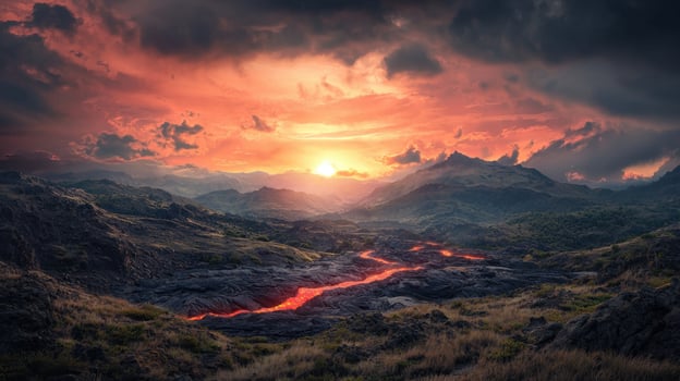 Fiery lava streams meander through dark terrain as the sun sets, casting vibrant colors across the sky and highlighting the rugged volcanic landscape photo