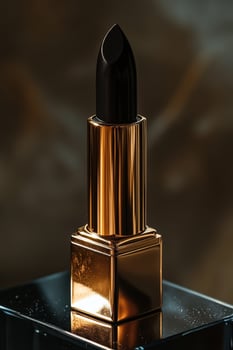 Elegant black lipstick in a golden tube on a dark surface photo