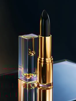 Elegant black lipstick in a luxurious gold tube on reflective surface photo