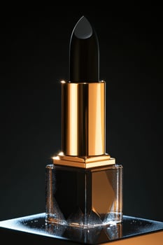 Elegant black lipstick on a reflective surface with golden accents photo