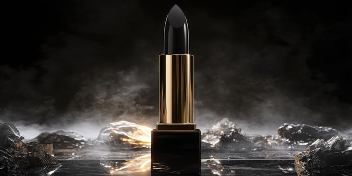 Black lipstick on a reflective surface with dramatic lighting photo