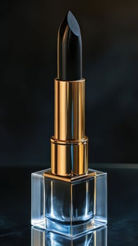 Elegant black lipstick displayed on a reflective surface at night photo