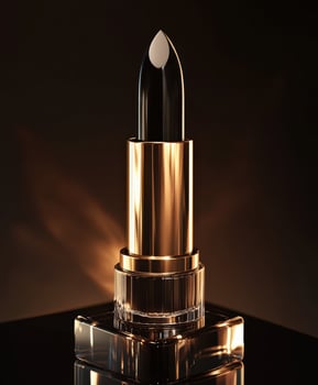 Black lipstick in a sleek golden tube on a reflective surface photo