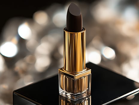 Luxurious dark lipstick on a reflective surface with sparkles photo
