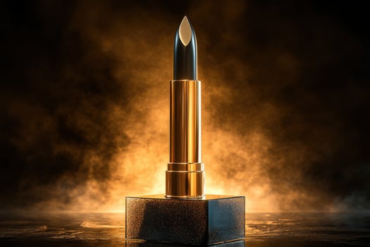Elegant lipstick displayed on a black pedestal with golden highlights photo