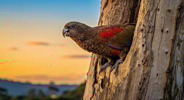 A bird sitting on a tree trunk with a sunset in the background photo