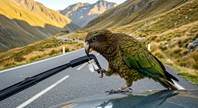 A bird perched on the hood of a car photo