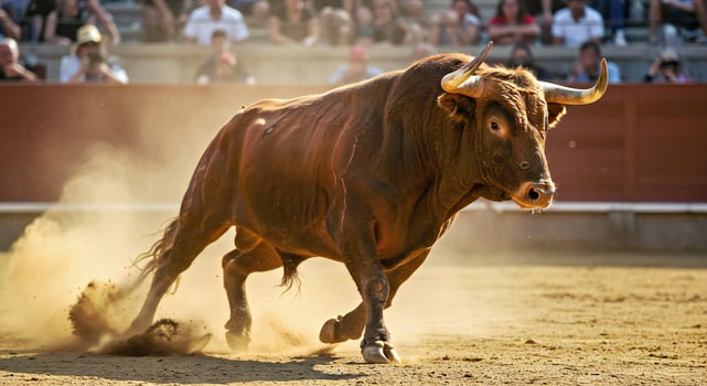A bull running in a ring with a crowd watching photo