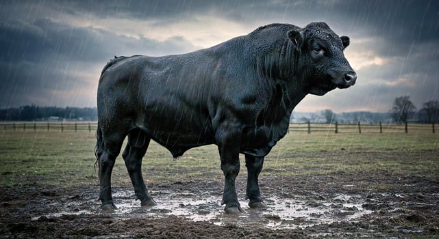 A black bull standing in the rain photo