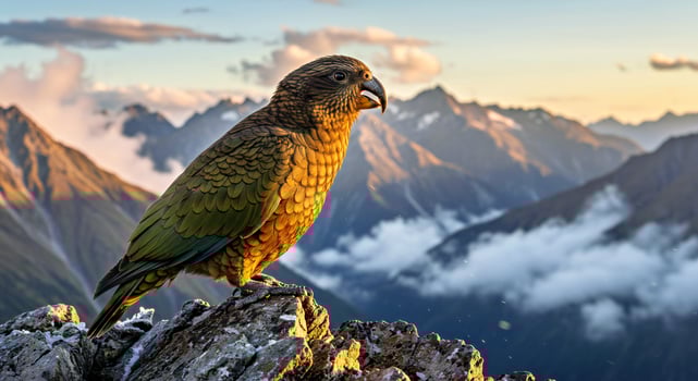 A bird is perched on a rock in front of mountains photo
