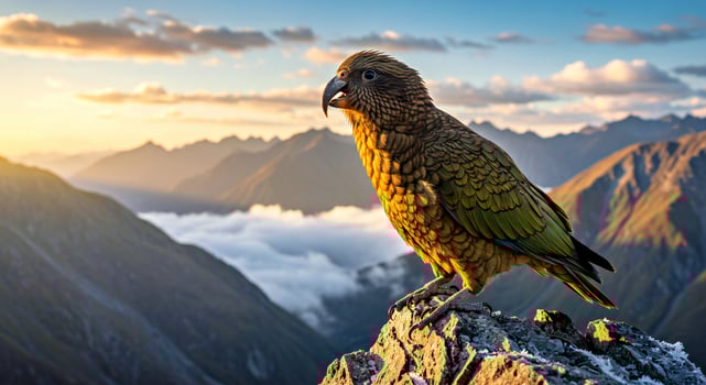 A bird perched on top of a mountain overlooking the ocean photo
