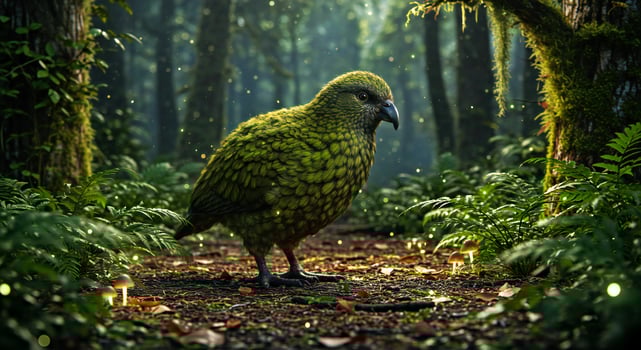 A green bird stands in the middle of a forest photo
