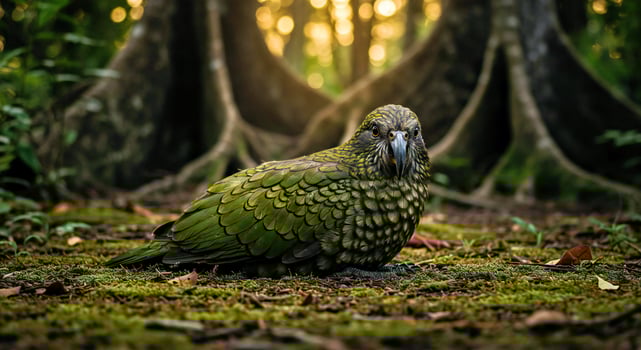 A green parrot sitting on the ground in the forest photo