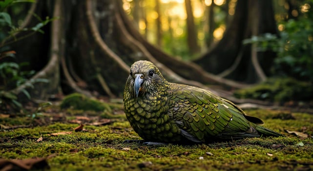 A green parrot sitting on the ground in the forest photo