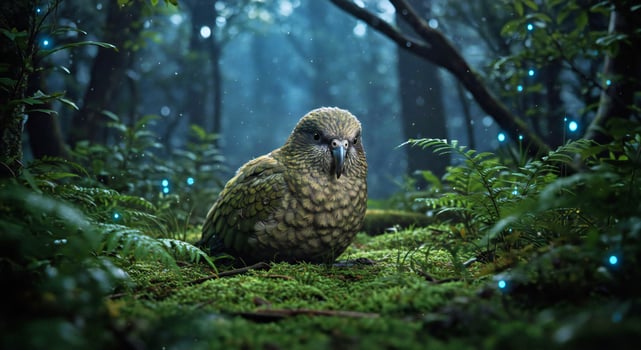 A bird sitting on the ground in the forest photo