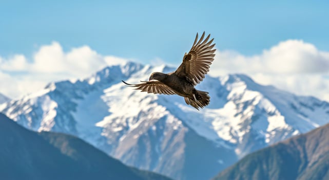 A bird flying over a mountain range with snow capped mountains in the background photo