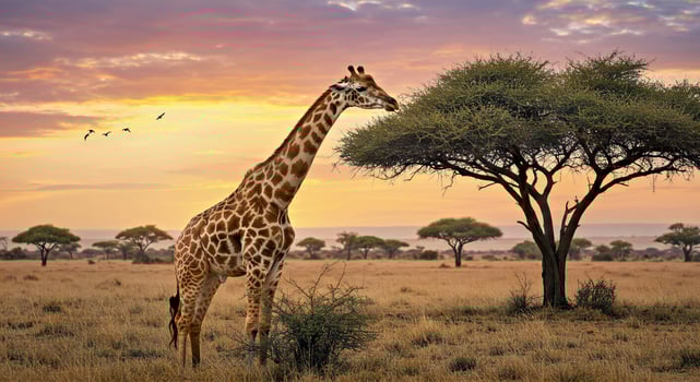 A giraffe standing in a field eating from a tree photo