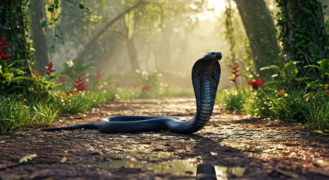 A black snake is walking on the ground in a forest photo