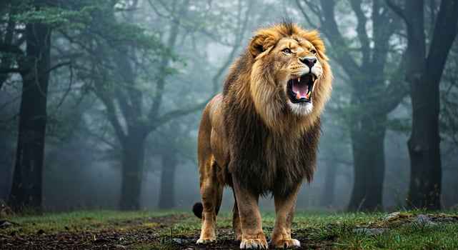 A lion roaring in the woods photo