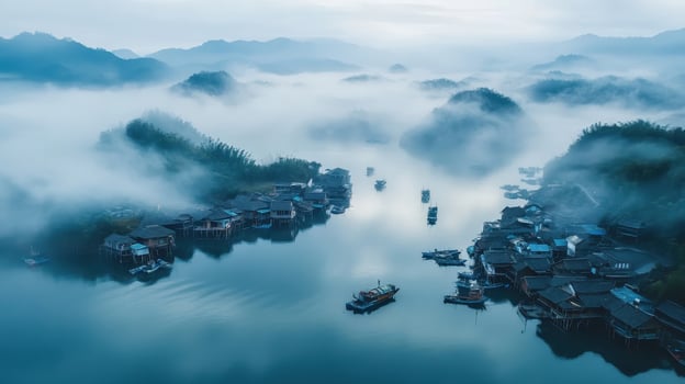 A serene landscape featuring misty waters and floating houses amidst tranquil mountains. photo