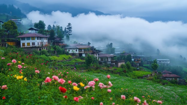 A serene landscape of a village surrounded by flowers and misty mountains. photo