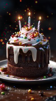 Celebrating with a delicious chocolate cake topped with frosting, candles, and colorful sprinkles during a festive gathering photo