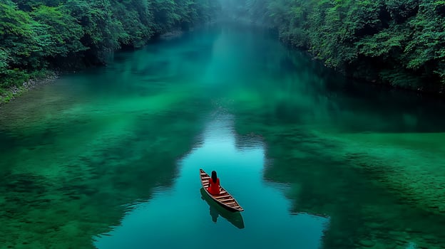 A boat floating in a river surrounded by lush green trees photo