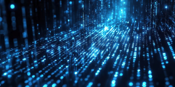 Digital landscape filled with glowing blue binary code streams flowing in a futuristic environment photo