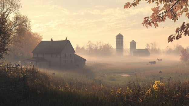 A serene rural landscape with a farmhouse, silos, and cows in a misty morning setting. photo
