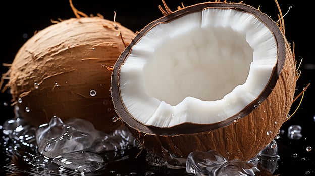 Closeup Fresh open coconut, dark baackground photo