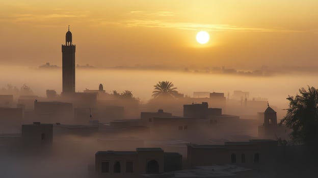 A serene sunrise over a misty landscape featuring buildings and a tower photo