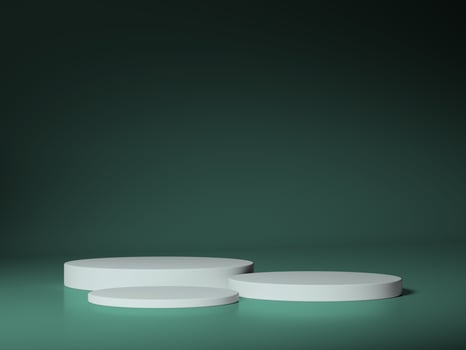 Four white circular podiums arranged creatively in front of a dark green background, ideal for exhibits or presentations. photo