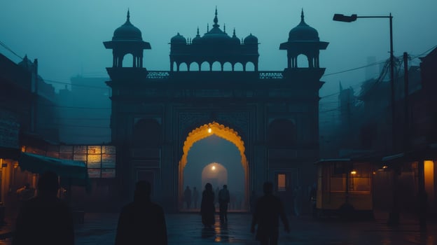 A silhouetted archway illuminated in fog, creating a mysterious atmosphere. photo