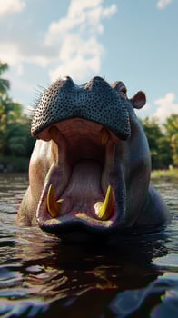 Large hippopotamus yawning widely while partially submerged in a serene river surrounded by lush greenery during sunny weather photo