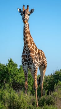 Majestic giraffe stands tall in the lush green landscape during bright daylight near a tranquil environment photo
