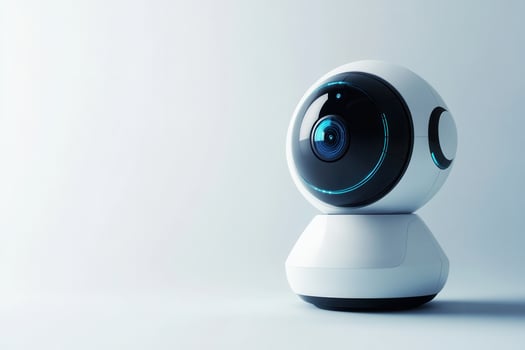 White futuristic security camera monitoring on white background photo