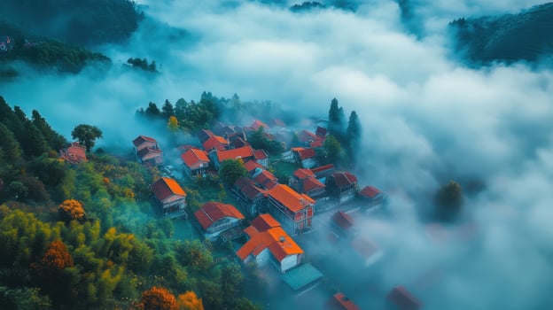 Aerial view of a village enveloped in mist, showcasing red-roofed houses amidst nature. photo