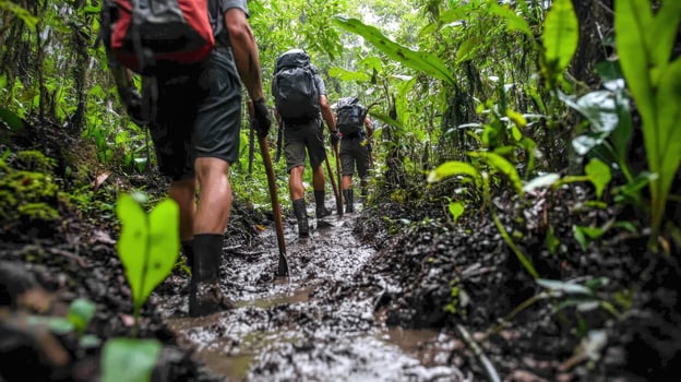 Hikers trekking through a muddy jungle path surrounded by lush greenery. photo