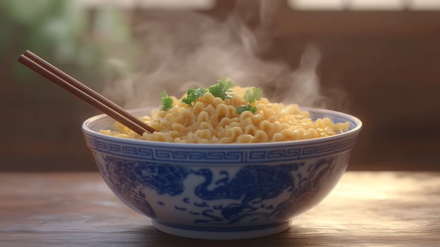 Steaming Hot Noodle Soup in a Traditional Asian Bowl photo